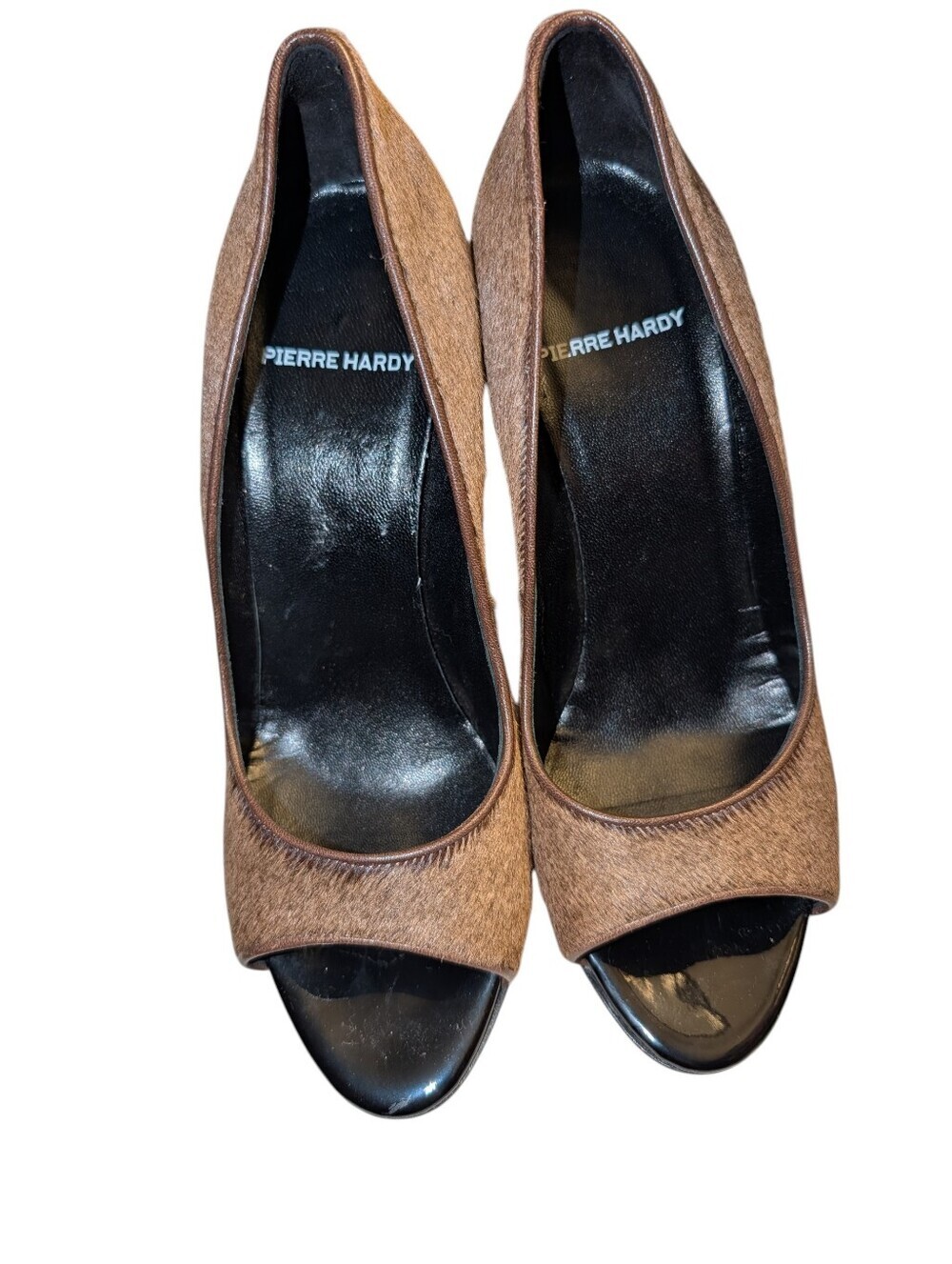 Pierre Hardy Brown and Black Calf Hair Peep-Toe Pumps